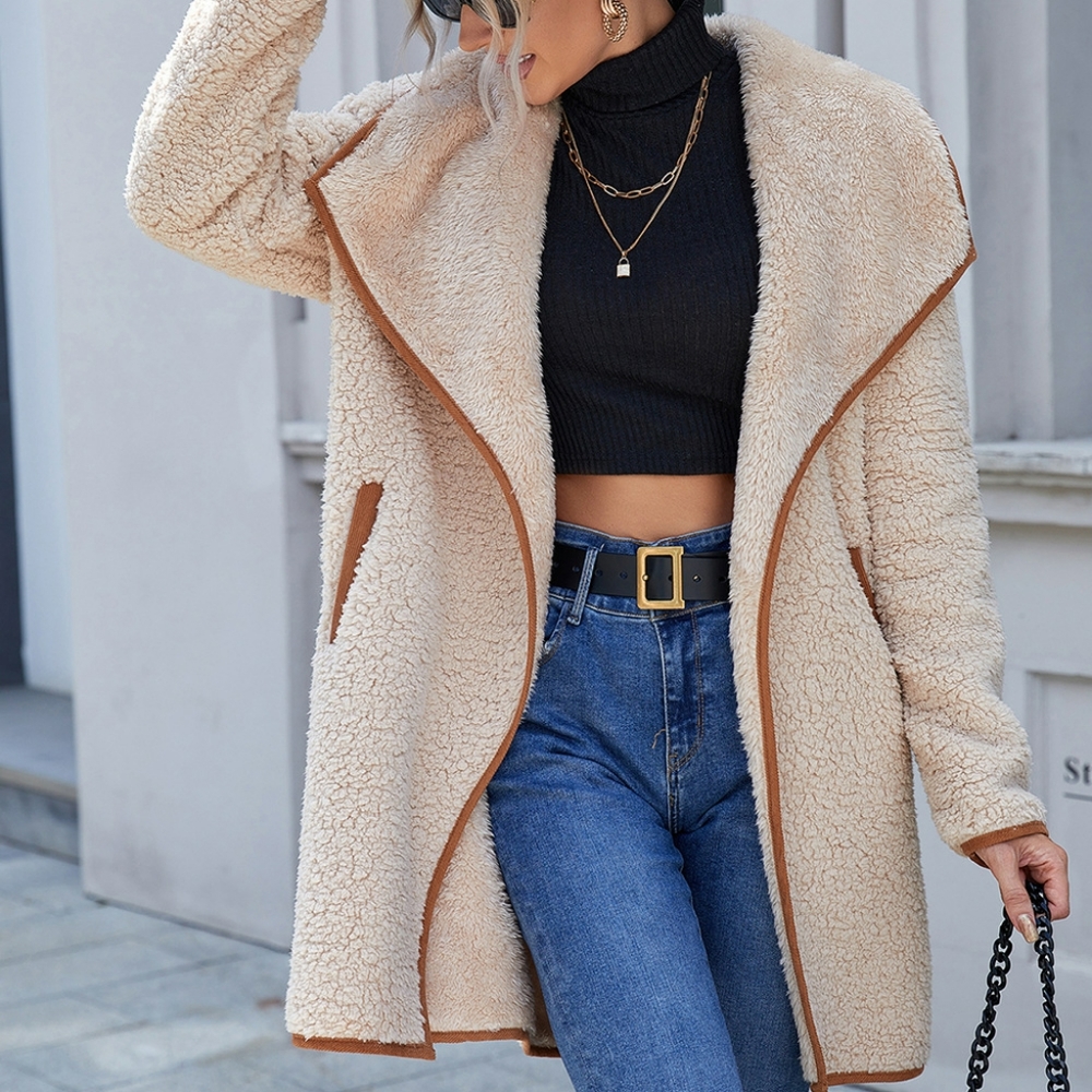 Open Front Turn-Down Collar Plush Coat